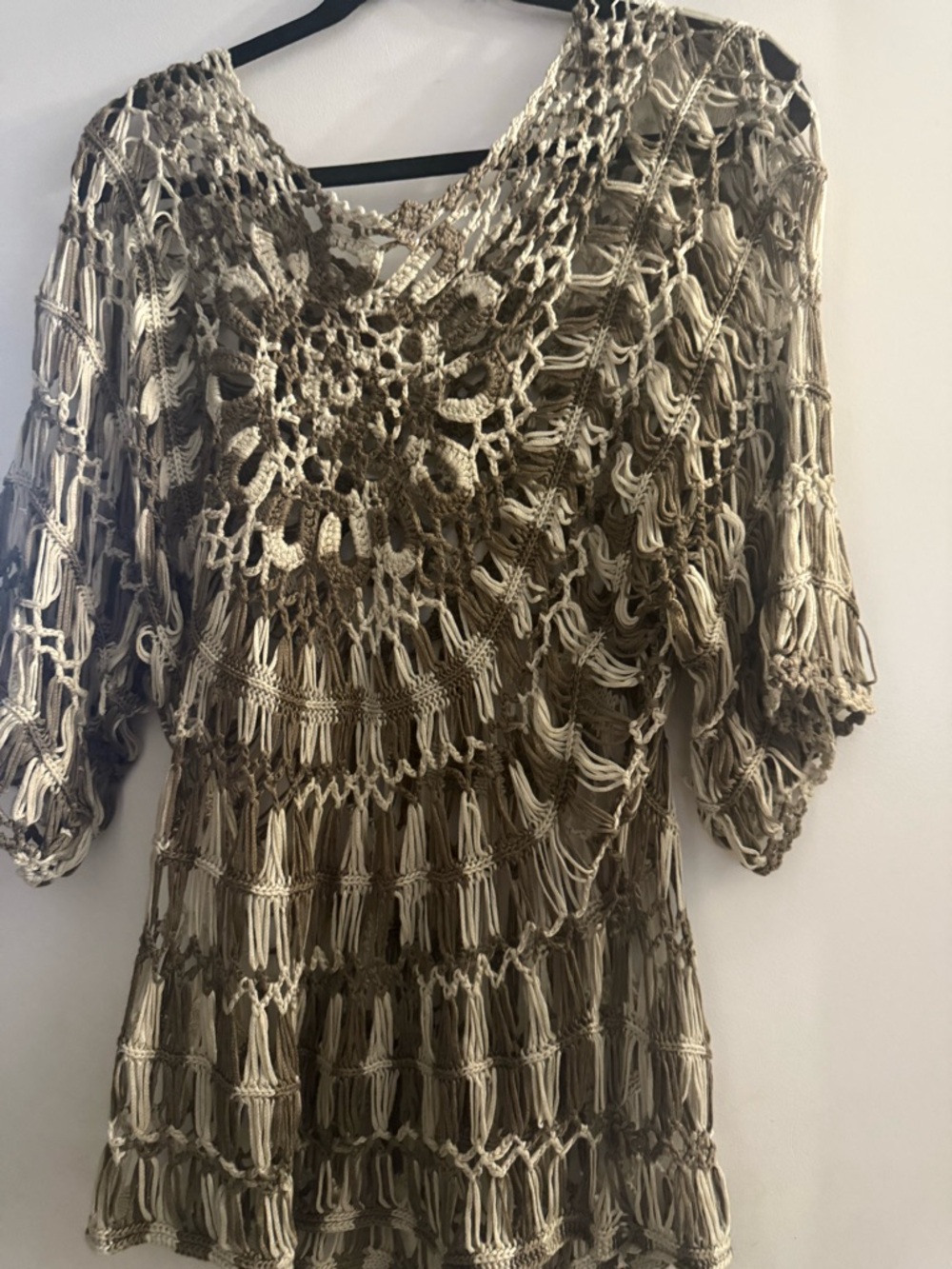 Crochet Open-Knit Boho Top in Olive and Cream